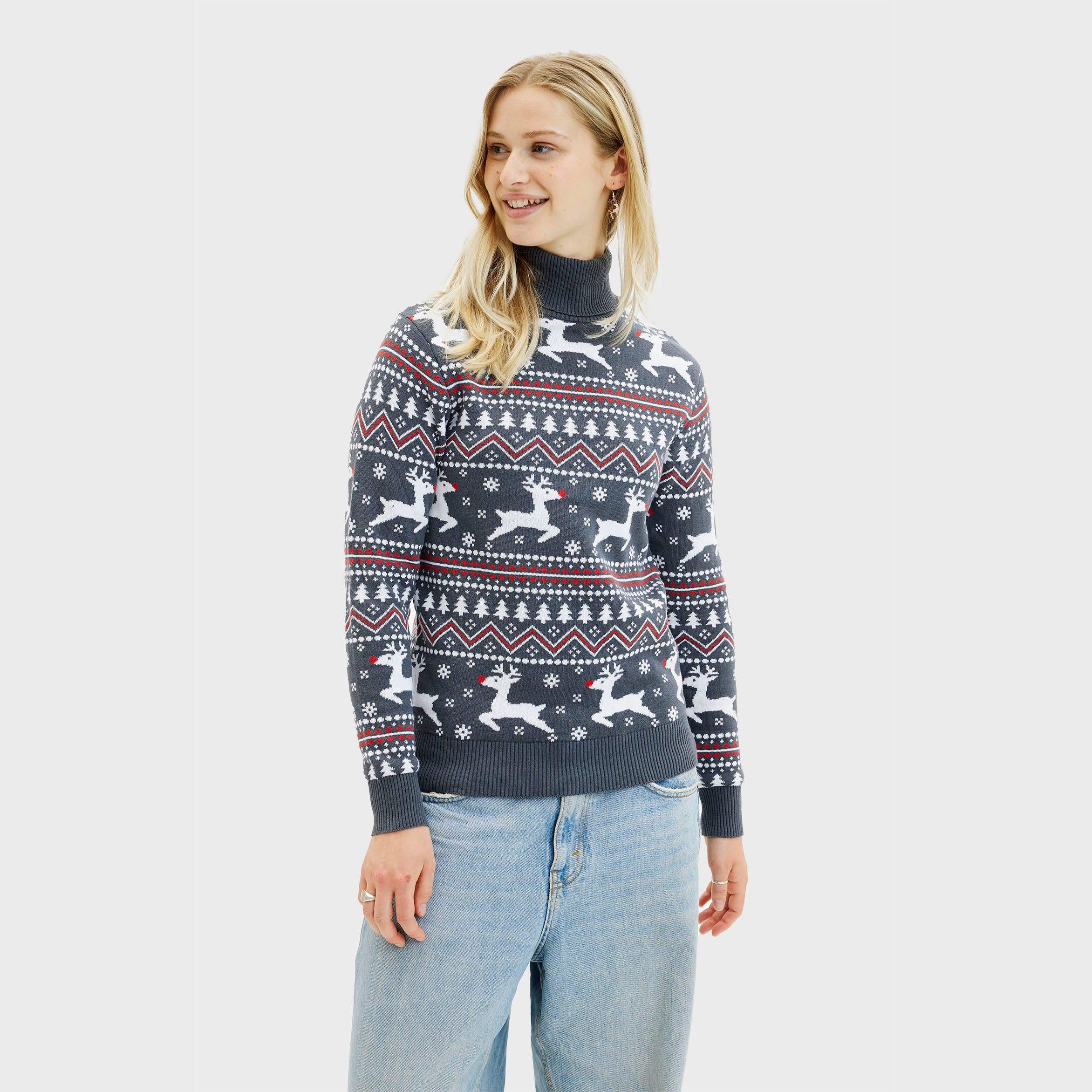 Grau-blauer Weihnachtspullover Damen mit Rollkragen, Norwegermuster und Rentiermotiv.